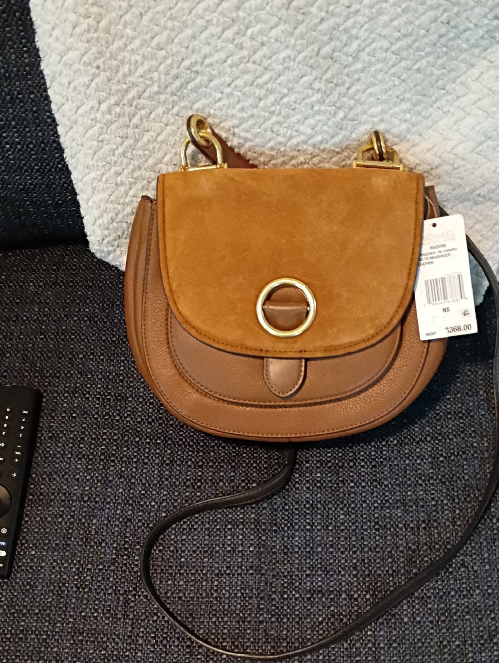 Michael Kors  Isadore Tan & Brown Suede Leather Messenger Bag with Gold Ring